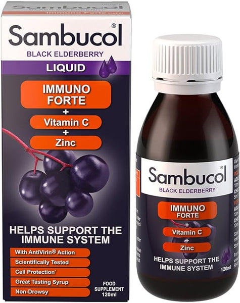 Sambucol Immune Elderberry Extract Liquid (120ml) features the Immuno Forte formula with Vitamin C, Zinc, and powerful antioxidants for immune support, and showcases vibrant elderberry images on the bottle and box.