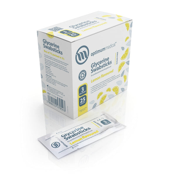 Glycerin Swabsticks – Lemon Flavour (x75) feature a refreshing lemon taste and come in a box with appealing blue and yellow graphics. Each single swabstick packet, emphasizing oral hygiene, showcases similar design elements prominently.