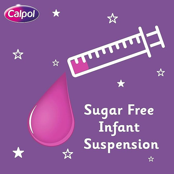 A pink medicine droplet and syringe with measurement marks on a purple background, scattered white stars, and text reading Calpol Infant Sugar Free Oral Suspension - Strawberry Flavour (100ml) for pain and fever relief. The Calpol logo is in the top left corner.