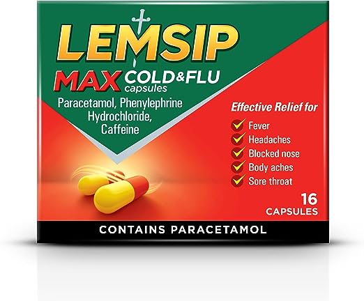 Lemsip Max Cold & Flu (16 Capsules) by Lemsip provides effective relief from cold and flu symptoms like headaches, fever, blocked nose, body aches, and sore throat with paracetamol, phenylephrine hydrochloride, and caffeine. It comes in distinct green and red packaging.