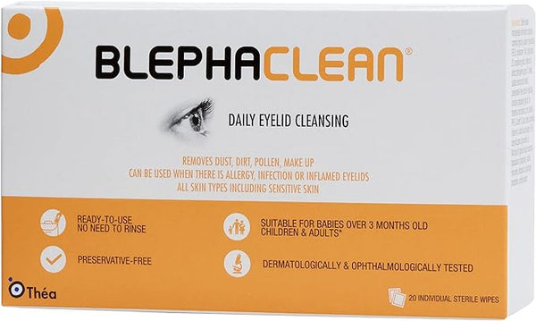 Image of Thea Blephaclean Eyelid Sterile Cleansing (20 Wipes) box, ideal for daily eyelid care. Suitable for sensitive skin and contact lens users, this preservative-free product is safe for babies over three months old and includes 20 individual sterile wipes.