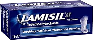 Lamisil At 1% Cream (7.5g) by Lamisil offers relief from athletes foot in a blue box with white text and a foot image, featuring Terbinafine Hydrochloride for effective antifungal treatment against itching and burning.