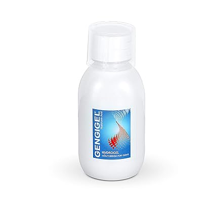 The white Gengigel Mouth Rinse (150ml) bottle, featuring blue and red label designs, offers a solution for gum issues. It includes a clear cap and is hydrogel infused with hyaluronan, promoting gingival health.