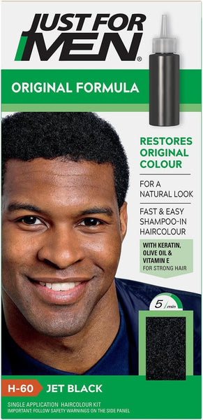 Just For Men Original Formula - Jet Black H60 (1) by Just For Men features a smiling man on the box, along with a black bottle and front claims such as “restores original colour” and “with keratin, olive oil & vitamin E.” Specially designed to cover gray hair and restore your natural look, this product delivers rich color, healthy-looking results, and boosts your confidence.