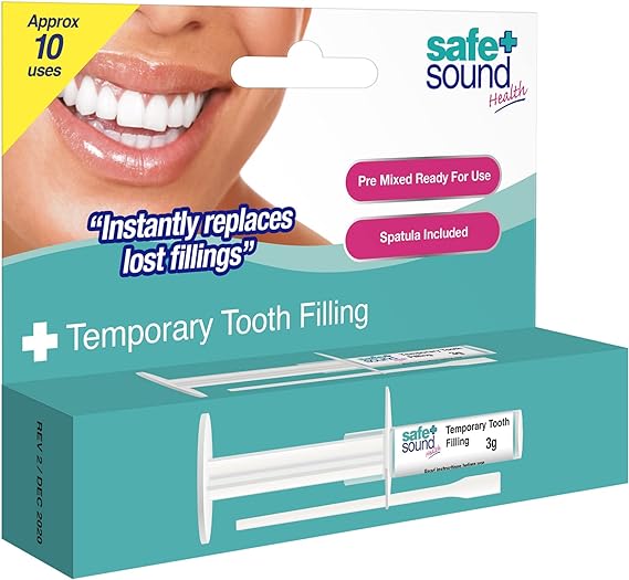 The Safe and Sound Temporary Tooth Filling package shows a syringe, spatula, and emphasizes its zinc oxide-based formula for short-term relief and filling replacement. Suitable for about 10 uses. A smiling person is partially visible at the top.