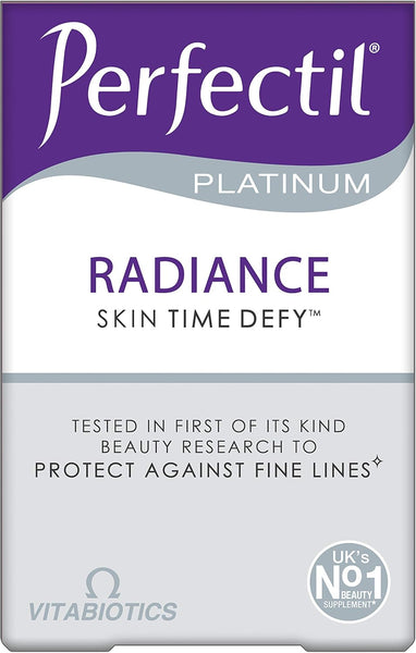 Front of a Vitabiotics Perfectil Platinum Radiance (30 tablets) box, showing the TimeDefy™ cell renewal formula, fine line protection info, and the Vitabiotics logo with a “UK’s No. 1 Beauty Supplement” badge in purple and silver design.