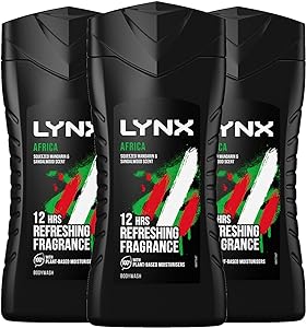 Three black bottles of Lynx Africa Shower Gel (225ml) feature a vibrant green, red, and white design. The label highlights 12 HRS REFRESHING FRAGRANCE with 100% PLANT-BASED MOISTURISERS, ensuring long-lasting freshness.