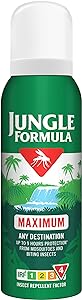 Jungle Formula Maximum Insect Repellent (125ml) features a green can with a tropical design and palm trees. It emphasizes DEET content for maximum protection against mosquitoes and biting insects, making it ideal for any trip.