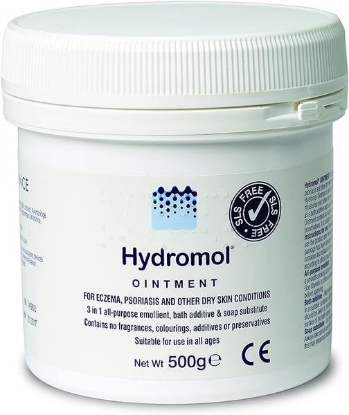 The 500g Hydromol Ointment for Eczema, Psoriasis & Dry Skin is a fragrance-free, SLS-free emollient suitable for all ages. This CE-marked white tub provides the perfect soothing solution for dry skin conditions.