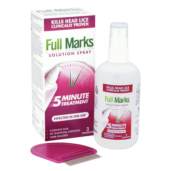 Box and bottle of Full Marks Head Lice Solution Spray (150 ml) come with a pink comb, featuring 5 Minute Treatment and Clinically Proven Lice Removal on the white packaging, highlighted by a green clock graphic.