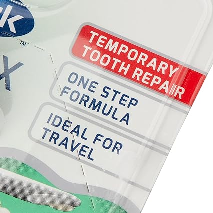 The packaging of DenTek Temporary Filling Material (2.64g) emphasizes its ease of use, featuring text that reads: Temporary Tooth Repair, One Step Formula, and Ideal for Travel, making it perfect for addressing lost fillings with its reliable temporary solution.