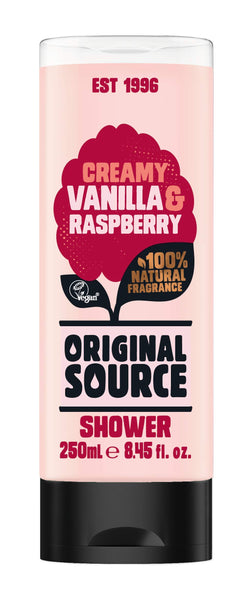 The Original Source Creamy Vanilla & Raspberry Shower Gel (250ml) offers a 100% natural fragrance, perfect for a refreshing shower experience.