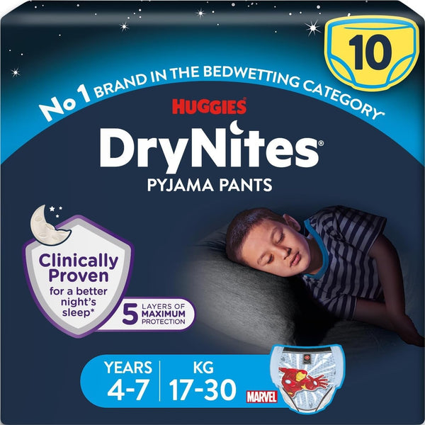 A 10-pack box of Huggies Drynites Pyjama Pants 4-7 Boys (17–30 kg) by Huggies features a sleeping child, key product highlights, and a cartoon Spider-Man image on each nappy. These pyjama pants offer discreet nighttime protection to help your child sleep soundly.