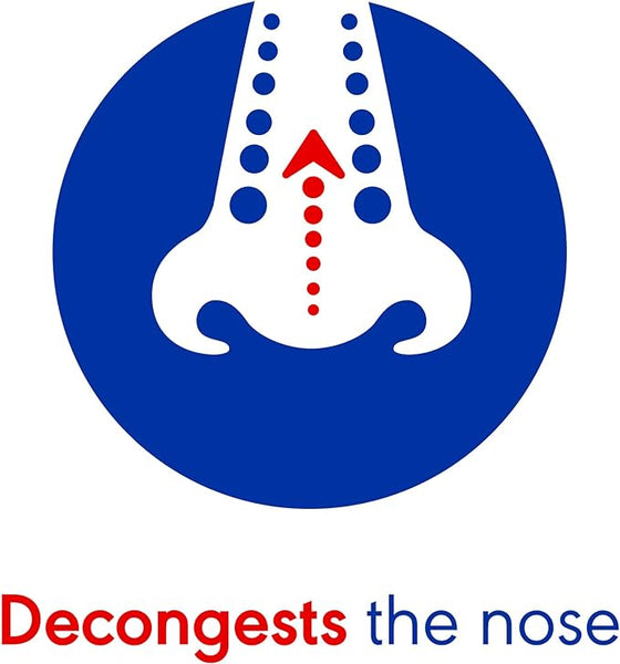 A blue circle shows a nose illustration with dotted lines and an upward arrow, indicating decongestion. Below, Decongests is in red and the nose in blue, highlighting Otrivine Allergy Hayfever Relief Nasal Spray (10ml) as perfect for easing allergy symptoms.