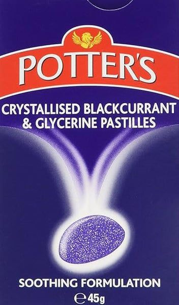 The purple box of Potters Pastilles Blackcurrant & Glycerine Crystallised (45g) features a glowing pastille image. It highlights Soothing Formulation, perfect for those seeking comfort from Potters, a renowned name in homoeopathic medicine.