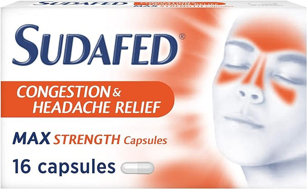 The SUDAFED Congestion & Headache Day & Night Relief by Johnson and Johnson features 16 max strength capsules and an image highlighting sinuses, emphasizing effective relief for congestion.