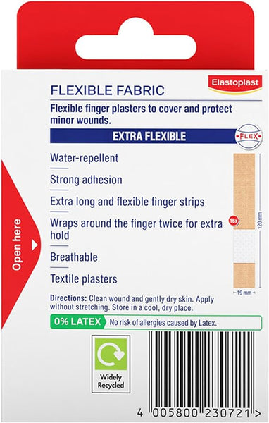 The image shows an Elastoplast Fabric Finger Strip Plasters (16) box, emphasizing its water-repellent, strong adhesion, extra-long strips, breathable design, 0% latex content. The plasters offer superior wound protection by wrapping around the finger twice for extra hold.