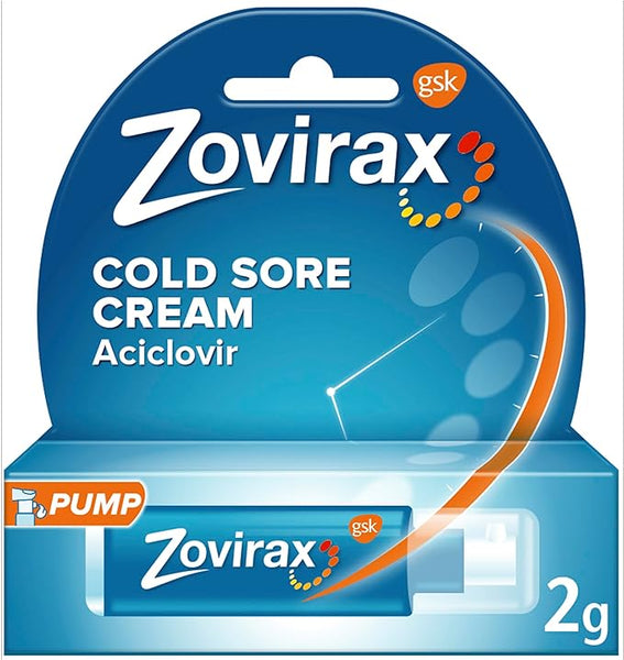 Zovirax Cold Sore Cream (2g) has a sleek blue design with white text, highlighting Aciclovir for fast relief. The front prominently displays a PUMP symbol and the vibrant orange GSK logo.