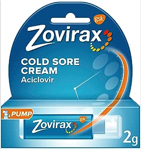 Zovirax Cold Sore Cream Pump 2g, labeled with an anti-viral Aciclovir treatment, features a blue box with orange accents for precise application and effective relief.