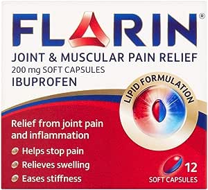 The packaging of Flarin Lipid Ibuprofen 200mg displays 12 capsules with a lipid-based delivery system for effective absorption, offering relief from joint pain, swelling, and stiffness. Brand: Miscellaneous.