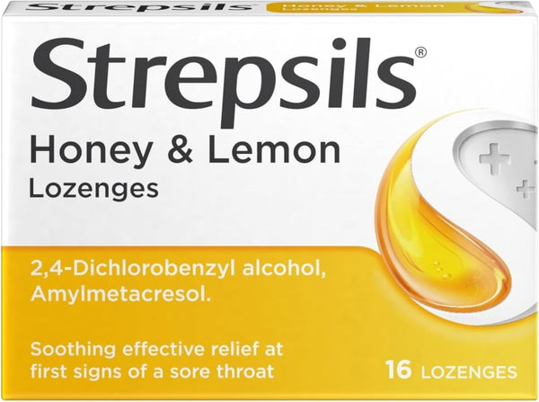 Strepsils Honey & Lemon Lozenges (16) by Strepsils offer soothing relief at the first signs of a sore throat and help combat mouth and throat infections, with active ingredients highlighted on the packaging.