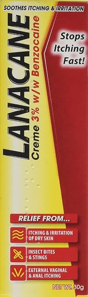 The image features Lanacane Anaesthetic Cooling Cream packaging with 3% benzocaine, promising quick itch relief for dry skin, insect bites, stings, and external vaginal and anal itching. The bright red and yellow design on the 30g tube ensures it stands out on the shelf.