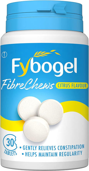 A bottle of Fybogel Chews 30s Citrus contains 30 tablets in a refreshing citrus flavor. It gently relieves constipation and supports digestive health, with a blue, white, and yellow design showcasing three white dietary fiber tablets.