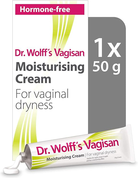 The image showcases Vagisan Moisturising Cream by Dr Wolff (50g) from Uvistat, emphasizing its Hormone-free feature for treating vaginal dryness. The packaging is in a green and white design, with the cream tube elegantly placed in front of its box.