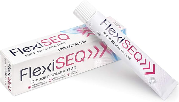 A tube of Flexiseq Joint Wear and Tear (100g) in its box, marked For Joint Wear & Tear and Drug Free Action, features pink and white zigzag patterns, providing drug-free therapy to enhance joint function.