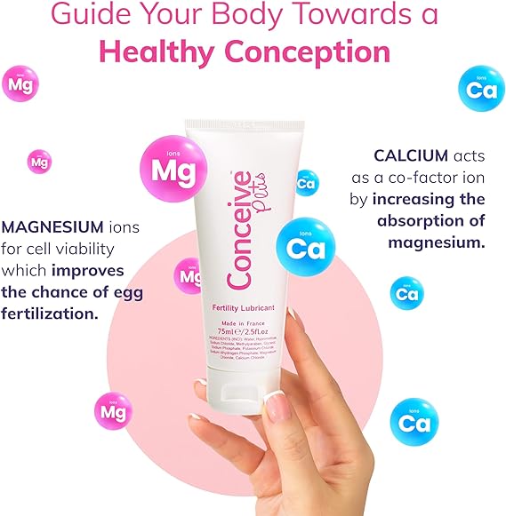 A hand holds a 75ml tube of Conceive Plus Fertility Lubricant against a pink and blue background. With magnesium and calcium ions boosting egg fertilization, absorption, and sperm motility, its highlighted as an effective conception aid.