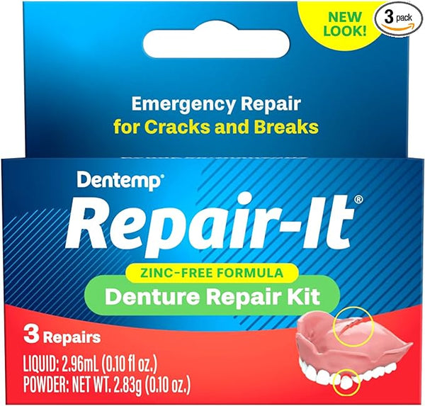 The Dentemp Repair-It, from the brand Dentemp, features a Zinc-Free Formula and is ideal for emergency repairs of denture cracks and breaks. It offers three repairs with clear liquid and powder measurements and displays a helpful denture illustration.