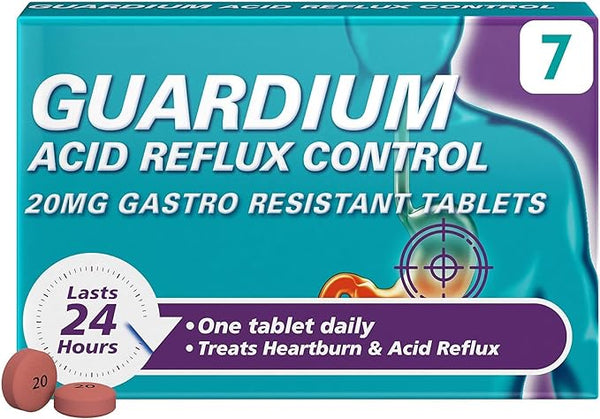 Gaviscon Guardium features a blue and teal package with a stomach silhouette, offering 20mg gastro-resistant tablets for effective heartburn and acid reflux relief. It assures 24-hour protection with just one tablet daily.