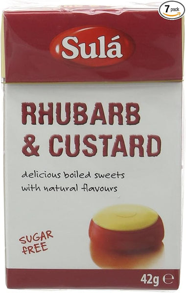 Sulas 42g Sugar-Free Rhubarb and Custard sweets box, adorned in vibrant red and yellow, highlights its natural ingredients and showcases a delightful sweet image on the front.