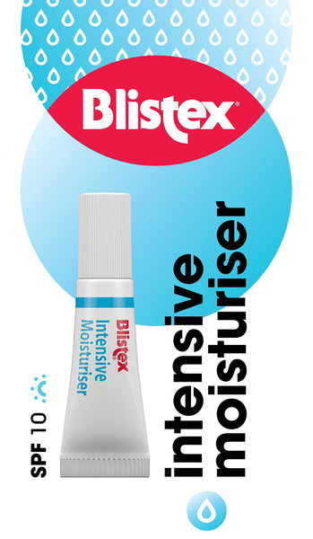 Blistex Intensive Moisturiser Lip Balm with SPF 10 (5g) features a white tube with blue and red text for dry lip relief. A background of a blue circle with droplet patterns complements, while Intensive Moisturiser, enriched with Shea Butter, is displayed vertically on the right.