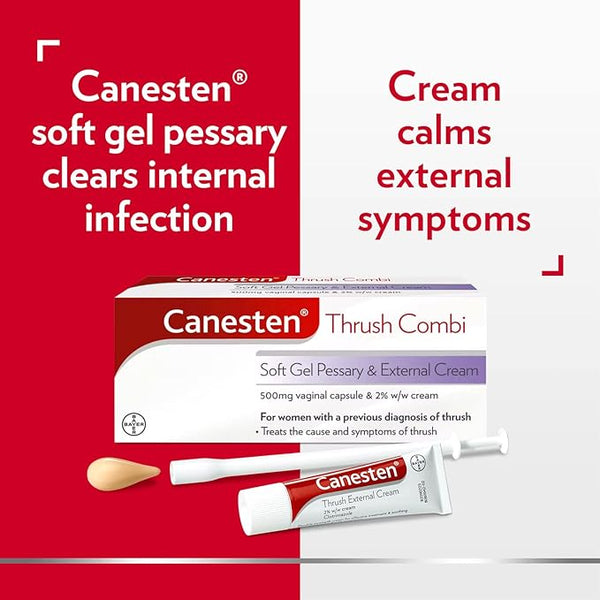 The image shows a Canesten Thrush Combi Soft Gel Pessary & Cream (75g) pack on a red and white background. It contains clotrimazole soft gel pessary with an applicator for yeast infection treatment and an external cream for symptom relief. The text states: Pessary clears internal infection. Cream calms external symptoms.