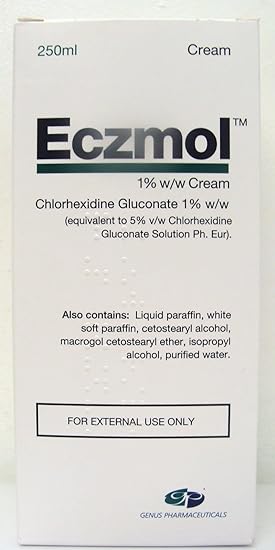 The image shows a 250ml box of Genuss Eczmol 1% cream, an antiseptic containing Chlorhexidine Gluconate and ingredients like liquid paraffin and isopropyl alcohol. Its labeled for external use and ideal for various skin conditions.