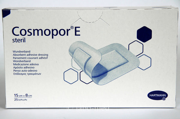 A box of Cosmopor E Adhesive Dressings by Hartmann, featuring 25 sterile hypoallergenic dressings, each measuring 15 cm x 8 cm. The packaging displays an illustration of a highly absorbent dressing pad with multilingual text.