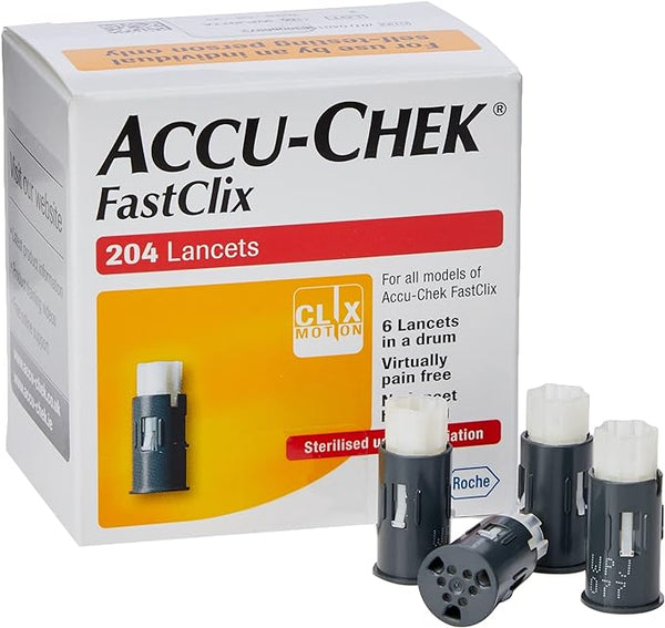 Box of Accu-Chek FastClix (200+4 Lancets) with three preloaded drums in front. Each drum has six virtually pain-free lancets using Clixmotion technology and is sterilized by radiation.