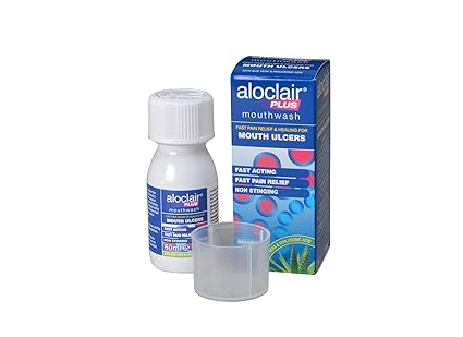 The Aloclair Plus Mouthwash (120ml) by Aloclair is a fast-acting, non-stinging mouth ulcer treatment. It offers quick pain relief and features a white bottle with a measuring cup, packaged in a blue box with soothing droplet designs.