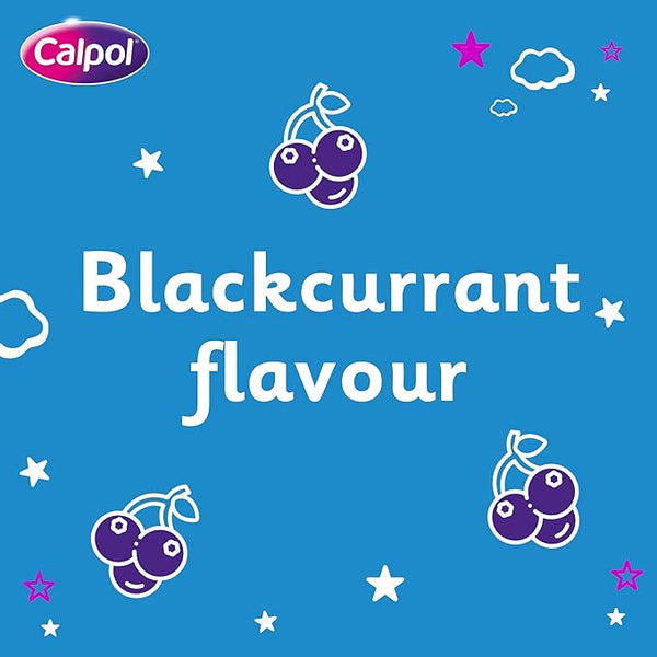 A blue image with the Calcough logo in the top left features Blackcurrant flavour text, surrounded by blackcurrant, cloud, star, and heart illustrations. This highlights CalCough Childrens Cough & Sore Throat Syrups soothing benefits for kids.