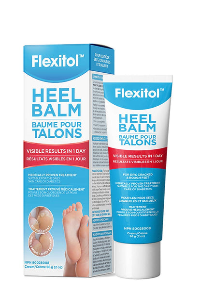 Flexitol Heel Balm (56g) is perfect for dry, cracked feet and diabetic foot care. Its packaging, in English and French, showcases a 25% Urea formula with an image of smooth heels, promising visible results in 1 day.