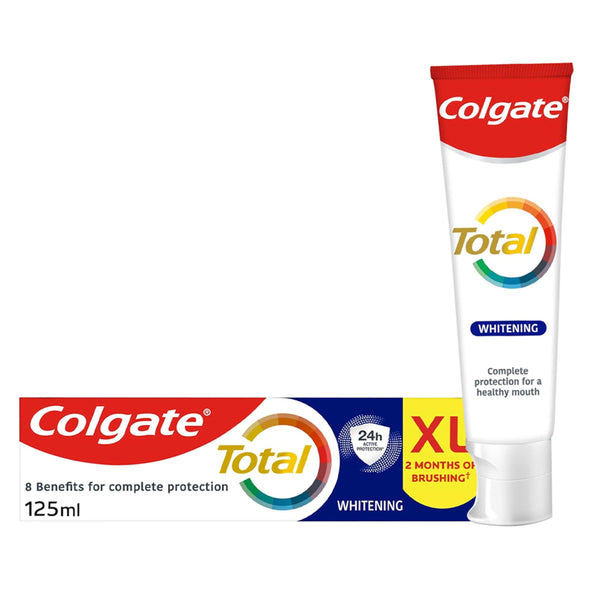 Colgate Total Whitening Toothpaste (125 ml) features a tube and a box in red, white, and blue. This Colgate oral care product offers 8 benefits for complete protection, 2 months on brushing, and comes with dual zinc antibacterial formula for better cleanliness.