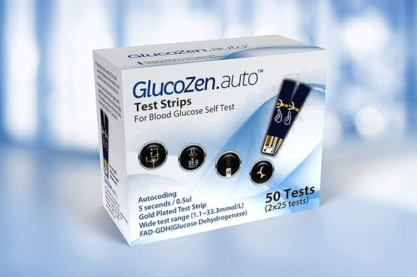 GlucoZen Auto Test Strips (50pcs) offer essential diabetes management with 5-second results, gold-plated strips, wide range, and FAD-GDH enzyme. The box sits on a light blue blurred background.