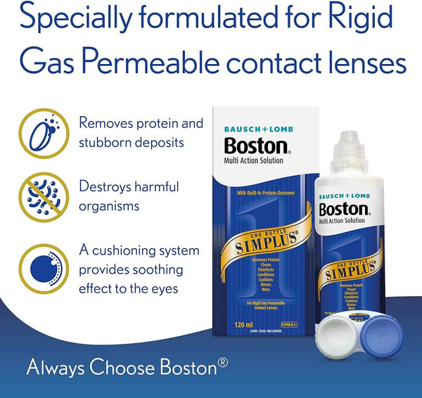 Packaging of Bausch & Lomb Boston Simplus Solution (120ml) for rigid gas permeable lenses highlights features: removes deposits, destroys organisms, and cushions eyes. Includes a bottle and two contact lens cases. Motto: Always Choose Boston Simplus.