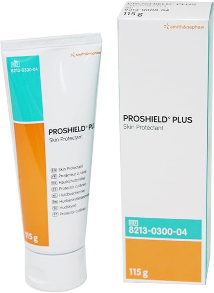 A box and tube of Proshield Plus (115g) Skin Protectant by Smith and Nephew, featuring an orange and teal label with multilingual details, emphasize its essential 115g weight for optimal skin protection.