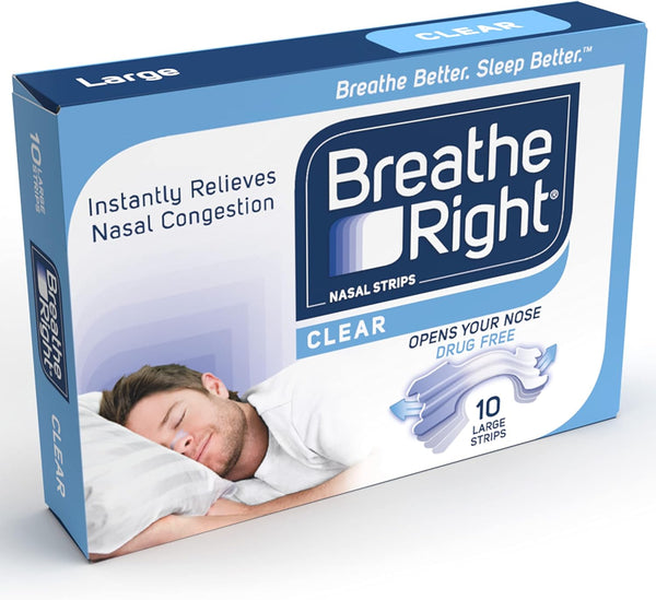 Box of Breathe Right Natural Strips Clear Large (10 pcs) showcases a sleeping man. Key benefits: Instantly Relieves Nasal Congestion, Opens Your Nose, and Drug-Free. The strips are disposable, provide snoring relief, designed for external use, and fit large noses.