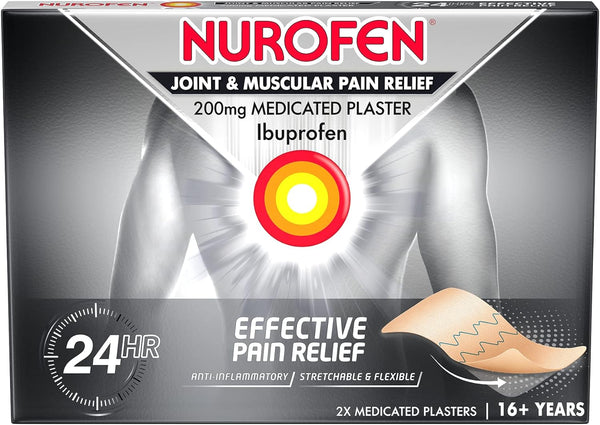 Nurofen Medicated Joint & Muscular Pain Relief Plaster (2 Packs-200mg) features a human torso image with a target on the back and contains ibuprofen. It highlights anti-inflammatory, stretchable, and flexible properties. Suitable for ages 16+.