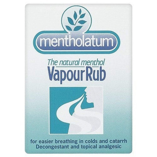 The 30g Mentholatum Vapour Rub package has a teal and white design featuring a leaf logo. It promotes The natural menthol Vapour Rub for congestion relief and easier breathing during colds and catarrh, also serving as a decongestant and topical analgesic for muscular pain relief.