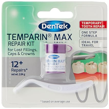 Image of a Dentek product: DenTek Temporary Filling Material (2.64g). Package features a small purple container and dental tool, highlighting temporary tooth repair for lost fillings, caps, and crowns with over 12 repairs. Ideal for travel.