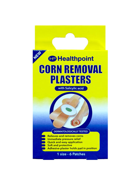 The yellow and blue box of Healthpoint Corn Removal Plasters features a foot with a plaster image, promotes fast corn removal using salicylic acid, is dermatologically tested for protection, and offers quick relief. The package contains 6 patches of one size each.